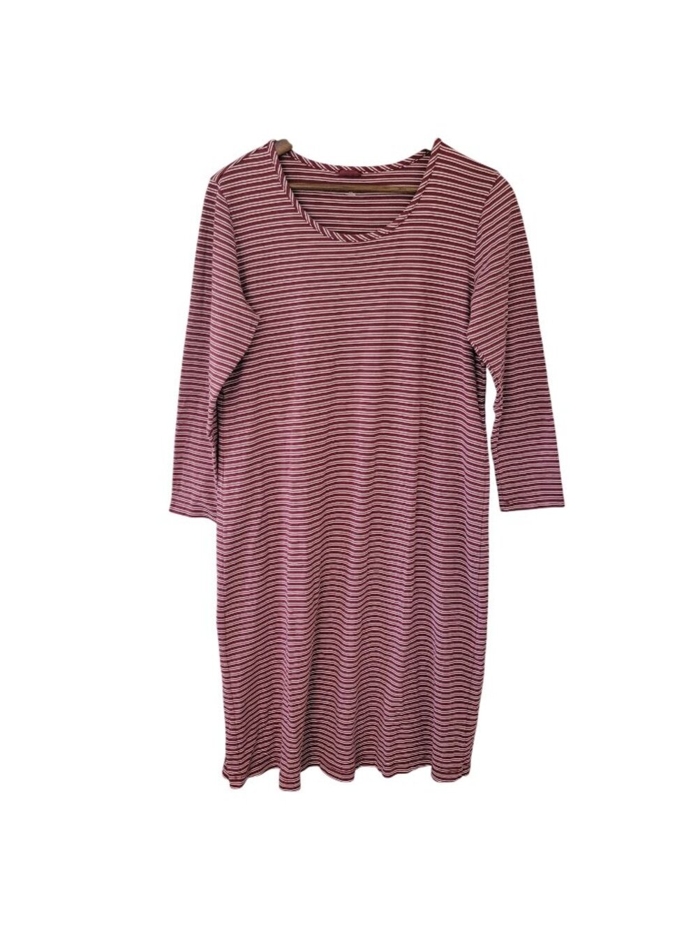 Lands End Striped Cotton Dress Womens Size M Burgundy White Casual Stretch